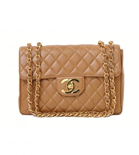 CHANEL LAMBSKIN QUILTED MAXI DOUBLE FLAP CAMEL