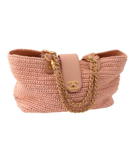 CHANEL PINK STRAW RAFFIA TOTE BAG