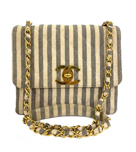 CHANEL Striped Rare Blue and White Lin FLAP BAG