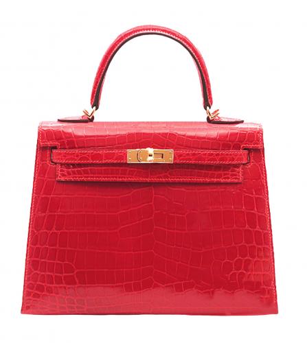 Hermes Geranium Red Crocodile Gold Birkin 25 Handbag Kelly