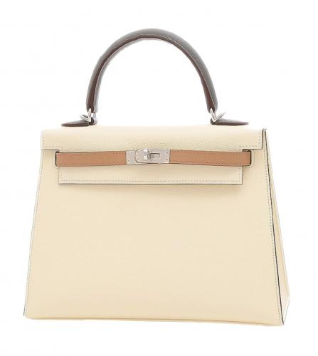 Hermes Kelly Tricolore bag 25 Sellier Etoupe grey/Alezan/Biscuit Epsom  leather Silver hardware