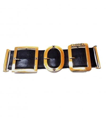 CHANEL BLACK LEATHER BANGLE GOLD TONE METAL