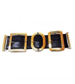 CHANEL BLACK LEATHER BANGLE GOLD TONE METAL