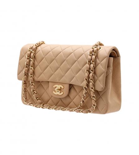 CHANEL LAMBSKIN QUILTED MEDIUM DOUBLE FLAP BEIGE