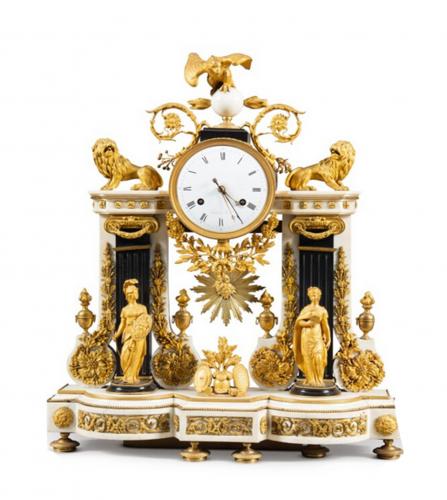Mounted white and black marble mantel clock