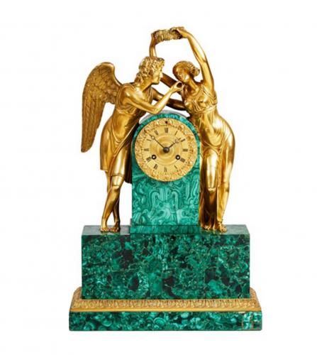 A Russian gilt bronze malachite mantel clock
