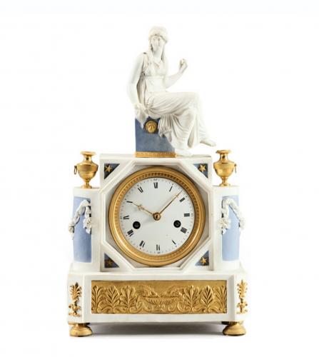 A DIRECTOIRE BLUE AND WHITE BISCUIT MANTEL CLOCK