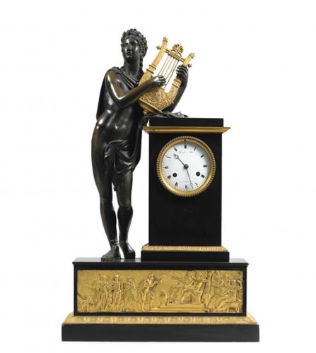 Orpheus clock in patinated gilt bronze and marble