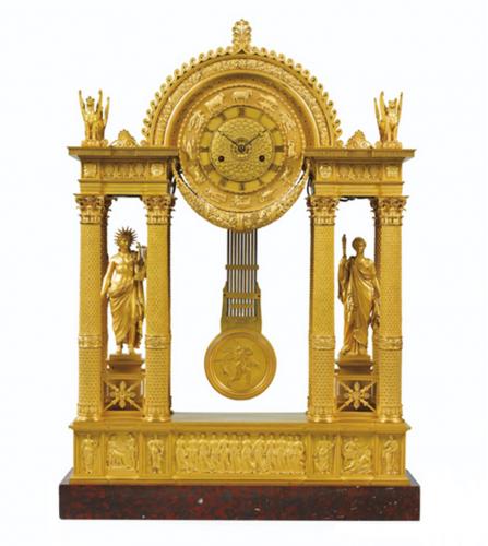 Large Empire period gilt bronze portico clock