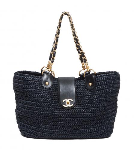 CHANEL BLACK STRAW RAFFIA TOTE BAG