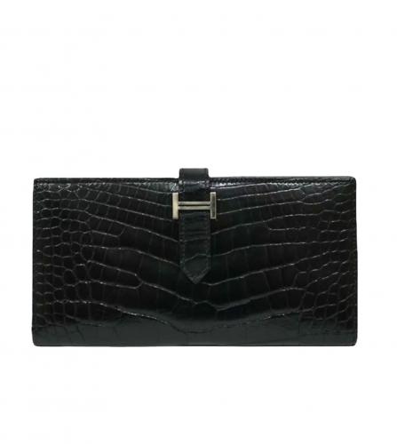 HERMES BEARN SOUFFLET WALLET CROCODILE BLACK