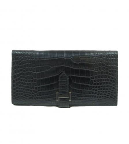 HERMES BEARN SOUFFLET WALLET MUD CROCODILE BLACK