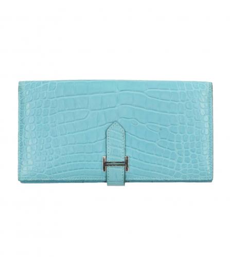 HERMES BEARN SOUFFLET WALLET MUD ALLIGATOR BLUE