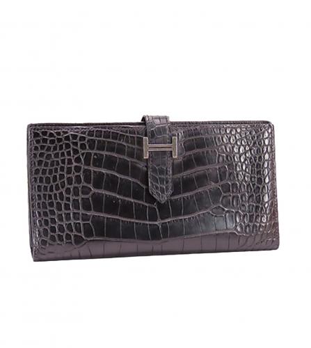 HERMES BEARN SOUFFLET WALLET MUD CROCODILE BROWN