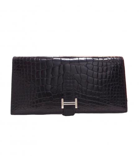 HERMES BEARN SOUFFLET WALLET CROCODILE BLACK