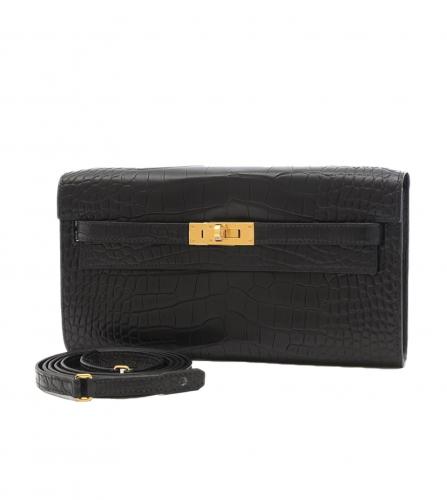 HERMES KELLY TO GO WALLET ALLIGATOR MUD BLACK