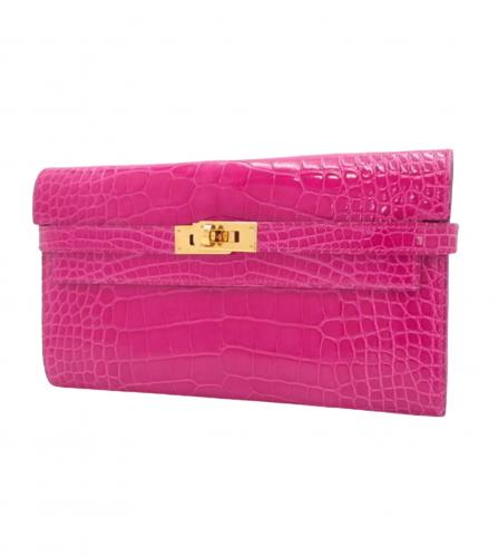 HERMES KELLY WALLET LONG CROCODILE ROSE