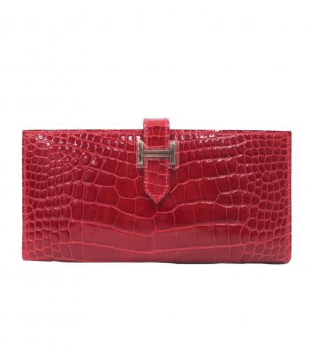 HERMES BEARN SOUFFLET WALLET CROCODILE BRAZE