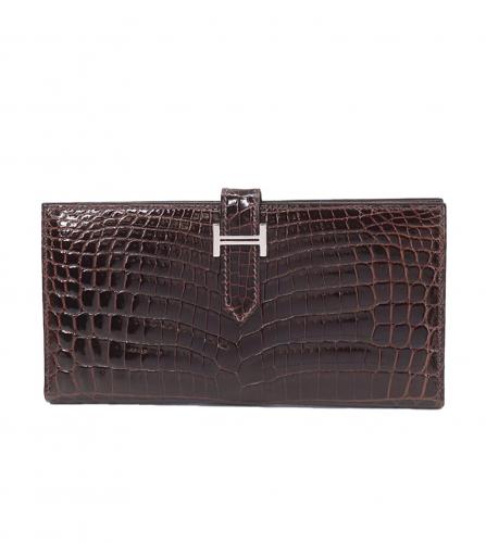 HERMES BEARN SOUFFLET WALLET CROCODILE BROWN