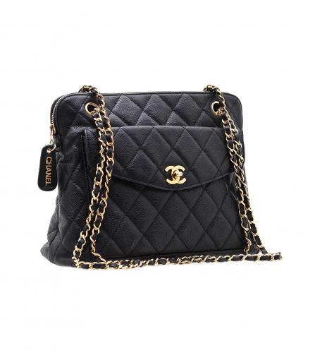 CHANEL Vintage Front Pocket Caviar Leather Tote Bag Black