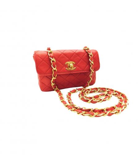 CHANEL Red Quilted Lambskin Vintage Small Classic Fringe Camera Bag