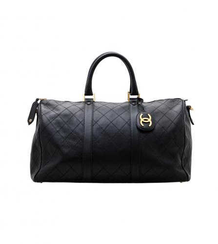 CHANEL Vintage Leather Boston Shoulder Bag Black