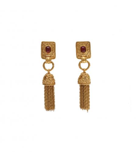 CHANEL RED GLASS TASSEL CLIP-ON EARRINGS