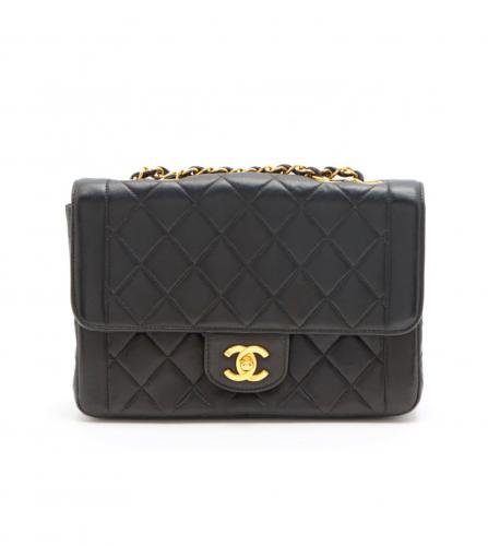 CHANEL Black Lambskin Quilted Leather 24K Gold Plated Shoulder