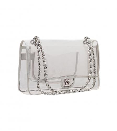 CHANEL WHITE TRIMMED VINYL SILVER FLAP BAG