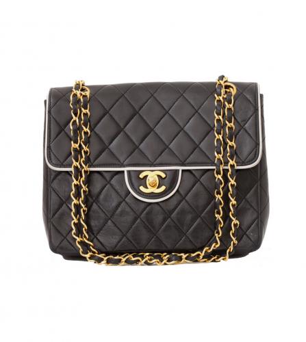 CHANEL WHITE TRIM BLACK FLAP BAG