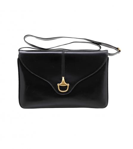 Gucci Vintage Black Leather Horsebit Shoulder Bag