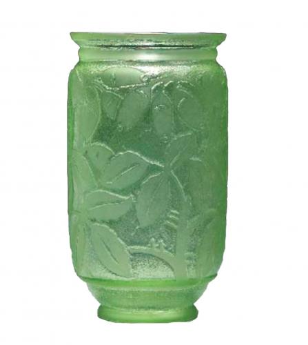 A DAUM ART DECO ACID-ETCHED GREEN GLASS VASE