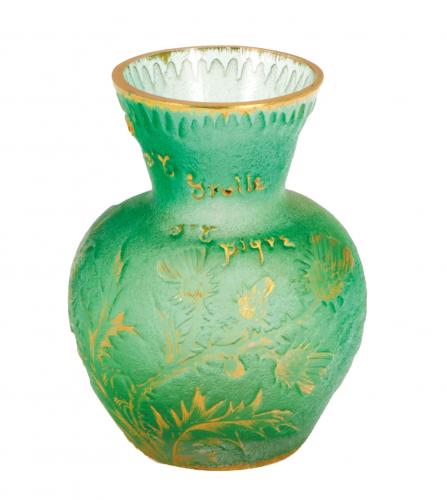 FRENCH GILT AND ENAMELED GREEN CAMEO GLASS VASE