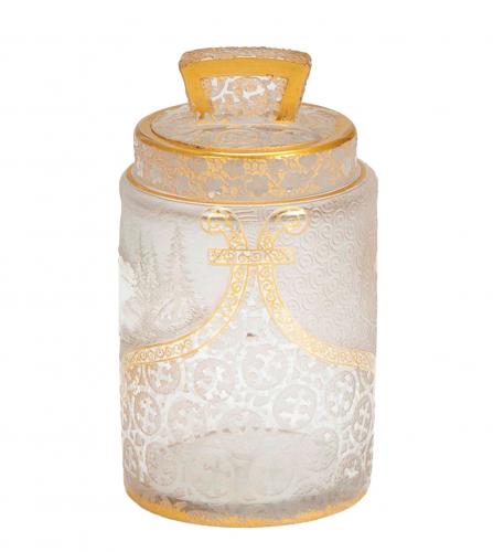 FRENCH GILT AND ETCHED CYLINDRICAL JAR AND STOPPER