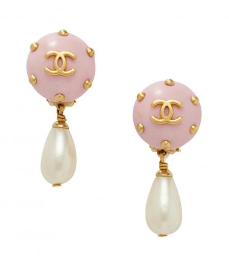 CHANEL PINK ENAMEL IMITATION PEARL EARRINGS