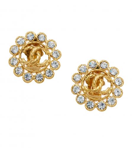 CHANEL CLEAR STRASS GOLD METAL EARRINGS