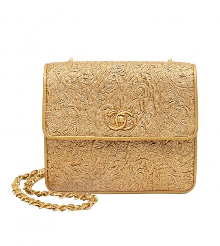 CHANEL GOLD BROCADE TEXTILE MINI FLAP BAG