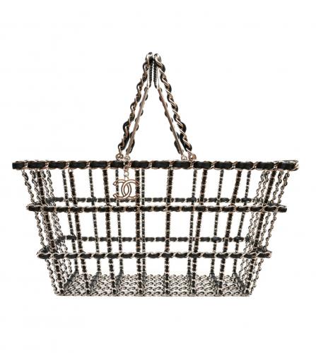 CHANEL BLACK LEATHER SILVER METAL BASKET BAG