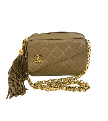 CHANEL CAMERA TASSEL FLAP BAG TAUPE BEIGE