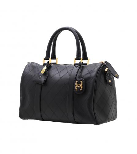 Chanel Black Quilted Lambskin Boston Duffle with Strap Gold HW
