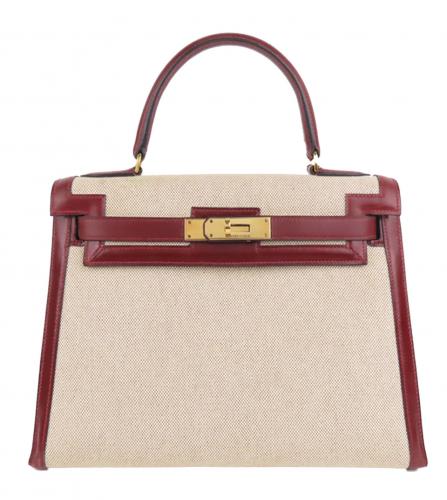 HERMES KELLY 28 TOILE ASH BOX CALF RUGE ASH